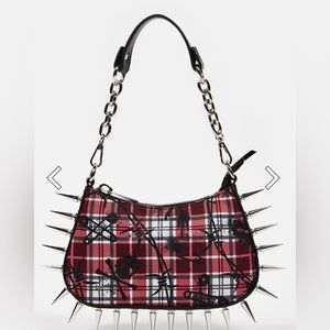 Current Mood Red and Black Plaid Spiked Shoulder Bag
